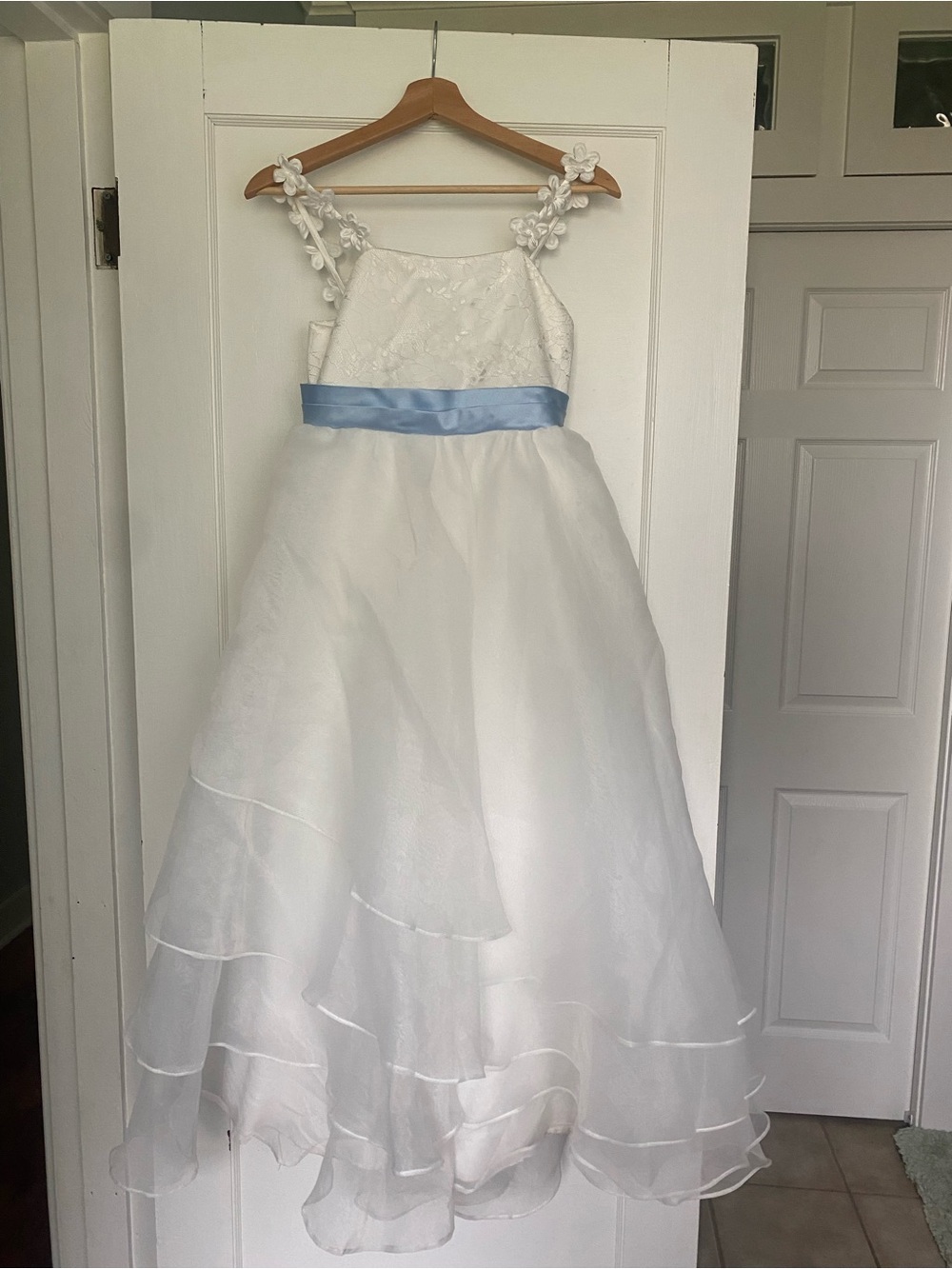Flower girl dress JJ’s House Ivory with Sky Blue Sash size 10
